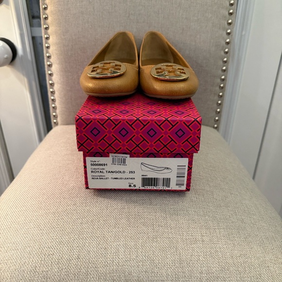 Tory Burch Tumbled Leather Reva Ballet Flats - Royal Tan/Gold - Size 8.5 - Picture 2 of 11